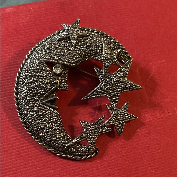 Jewelry - Vintage Crescent Moon and Stars Brooch - Black Crystal Finish